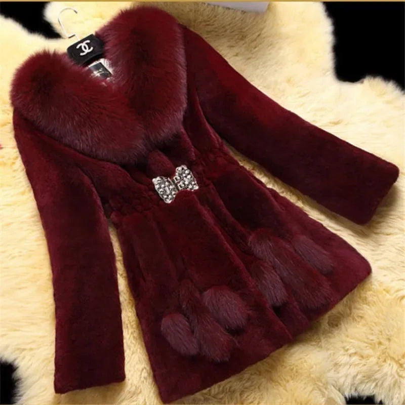 QNPQYX  Winter New Warm Fur Fashion Women's Faux Fur Haining Fur Coat Women's Mid Length Jackets