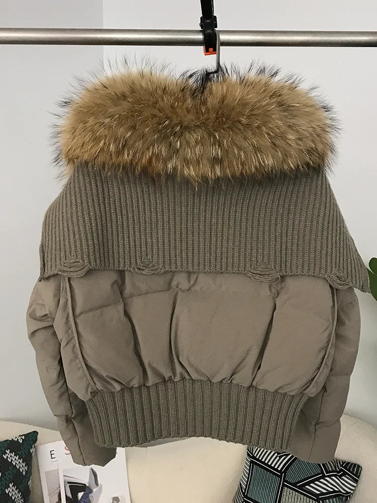 Sexy Natural Real Raccoon Fur Collar warm thick winter women white duck down short luxury coat