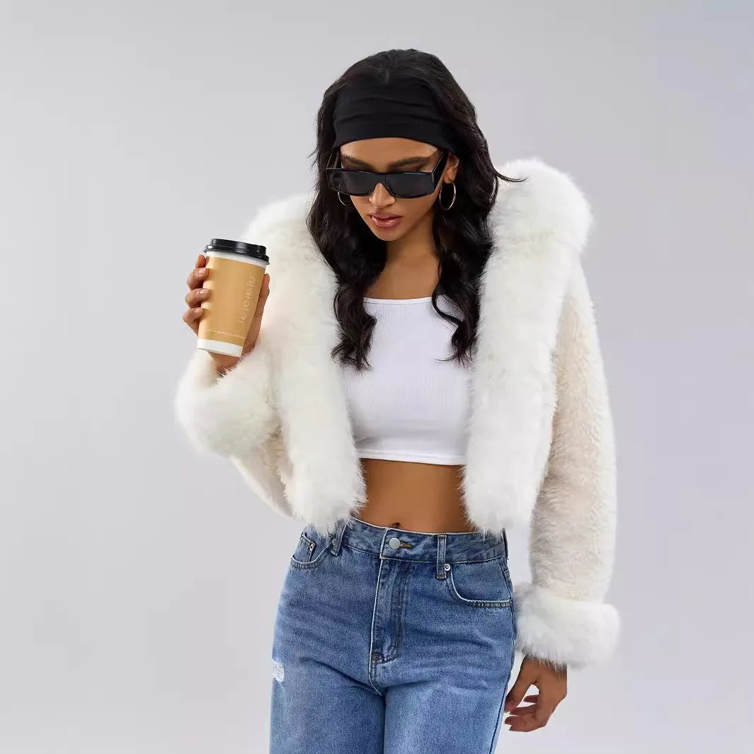 Furry Cropped Faux Fur Coats Winter Women Short Fluffy Fur Jacket Fashion Y2K Hooded Jackets Long Sleeve Thick Warm Fur Overcoat