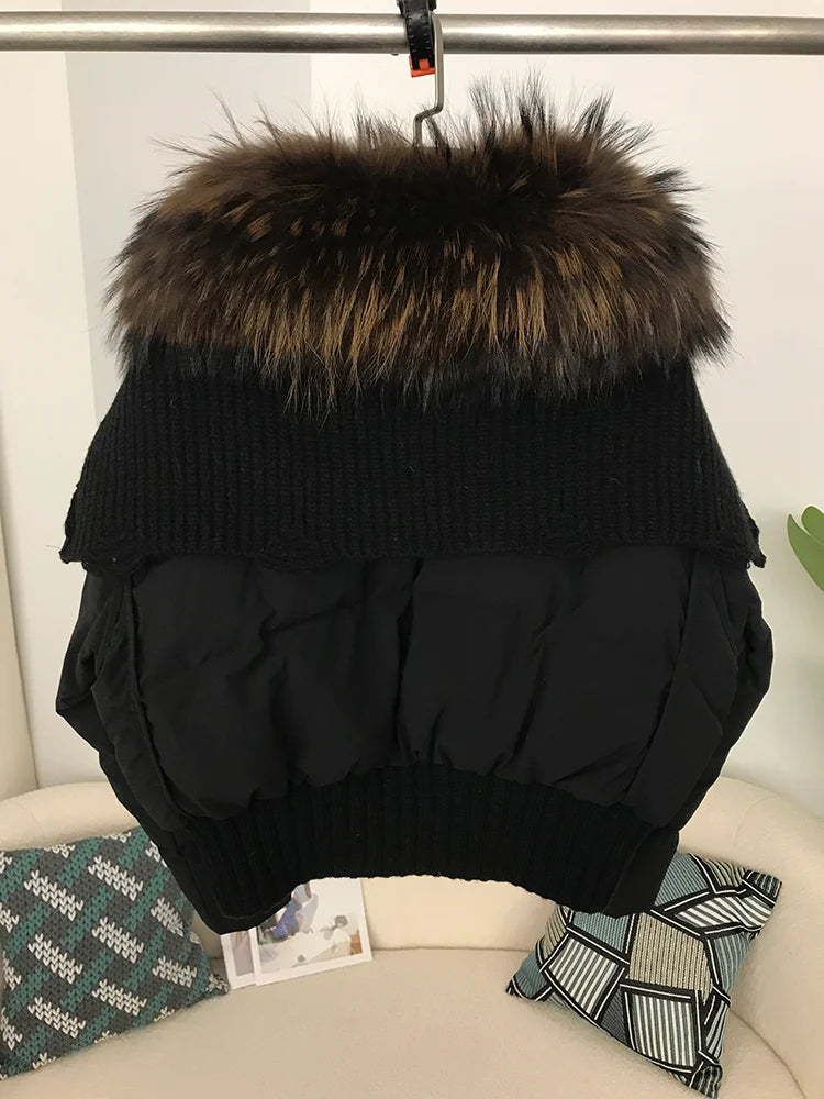 Sexy Natural Real Raccoon Fur Collar warm thick winter women white duck down short luxury coat