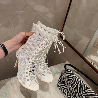 Eilyken Fashion Design Mesh High Heel Women Boots Sandals Sexy Peep Toe T-tied Stripper Pole Dancing Stiletto Shoes