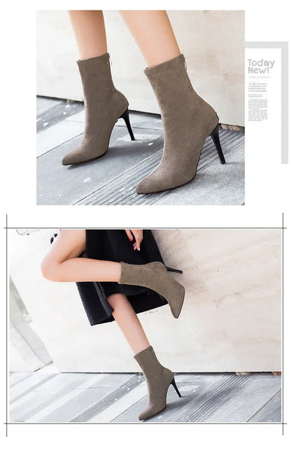 Female High Heels Boots Winter 2023 Thin Short Elastic Boot Luxury Stiletto 9cm Heel Women's Shoes Pointed Tight Boots