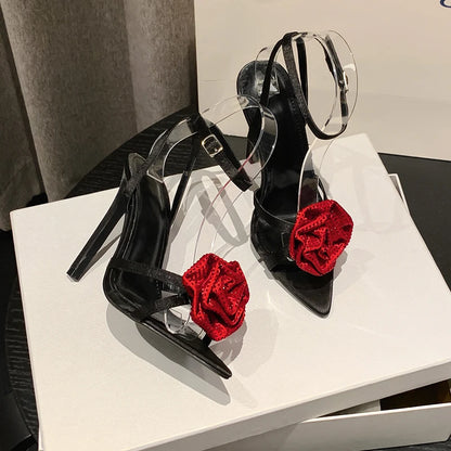 Fashion Denim Buckle Strap High Heels Women's Sexy Pointed Open Toe Crystal Flower Slim Heel Sandals Party Dress