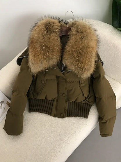 Sexy Natural Real Raccoon Fur Collar warm thick winter women white duck down short luxury coat