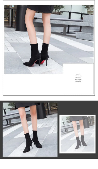 Female High Heels Boots Winter 2023 Thin Short Elastic Boot Luxury Stiletto 9cm Heel Women's Shoes Pointed Tight Boots