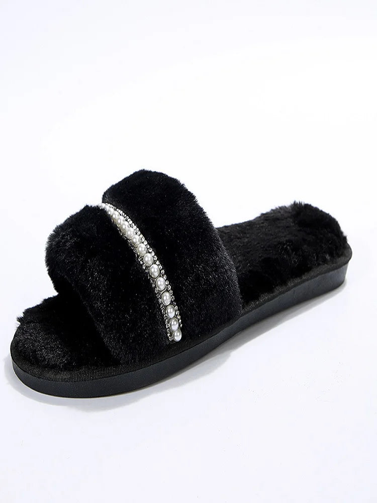 New Women Home Slippers Fashion Shiny Rhinestones Design Open Toe Indoor 2023 Winter Flat Non-slip Leisure Interior Female Shoes