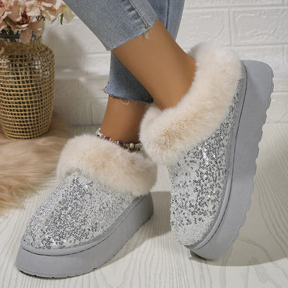 New 2024 Fashion Sequined Cloth Warm Snow Boots Woman Non-Slip Thicken Plush Ankle Booties Faux Fur Winter Boots Women