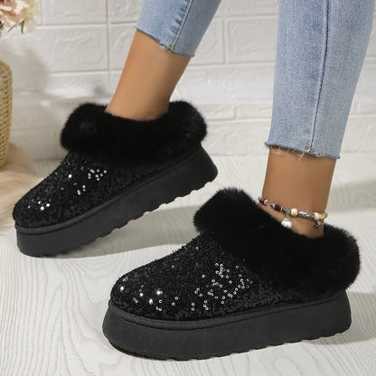 New 2024 Fashion Sequined Cloth Warm Snow Boots Woman Non-Slip Thicken Plush Ankle Booties Faux Fur Winter Boots Women