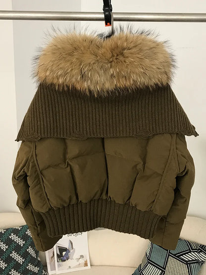 Sexy Natural Real Raccoon Fur Collar warm thick winter women white duck down short luxury coat