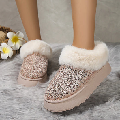 New 2024 Fashion Sequined Cloth Warm Snow Boots Woman Non-Slip Thicken Plush Ankle Booties Faux Fur Winter Boots Women