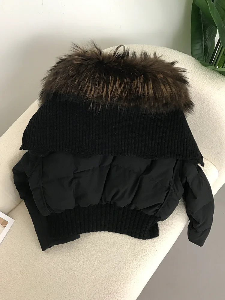 Sexy Natural Real Raccoon Fur Collar warm thick winter women white duck down short luxury coat