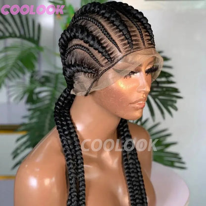 36" Synthetic Lace Front Wigs Jumbo Braided Wigs Full Lace Front Dutch Twins Cornrows Braids Wig For Black Women Crochet Hair