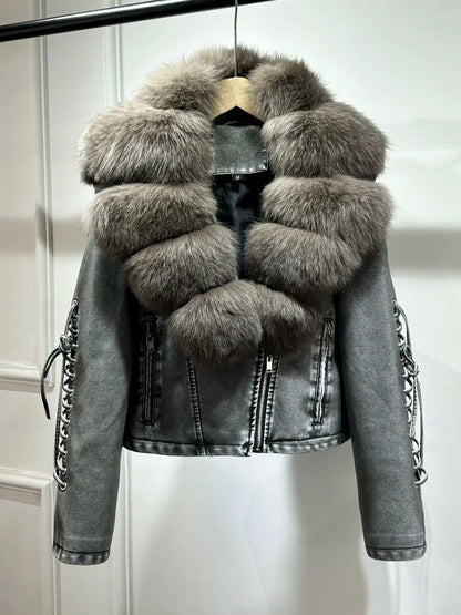 Luxury fox fur 2024 Autumn Winter Lady COMFY & COZY leather zipper coat.