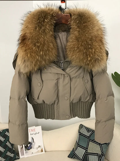 Sexy Natural Real Raccoon Fur Collar warm thick winter women white duck down short luxury coat