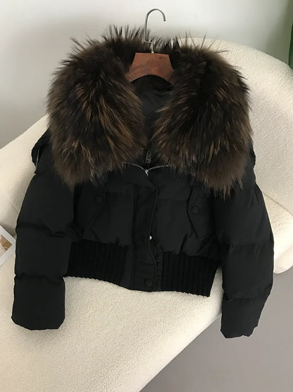 Sexy Natural Real Raccoon Fur Collar warm thick winter women white duck down short luxury coat