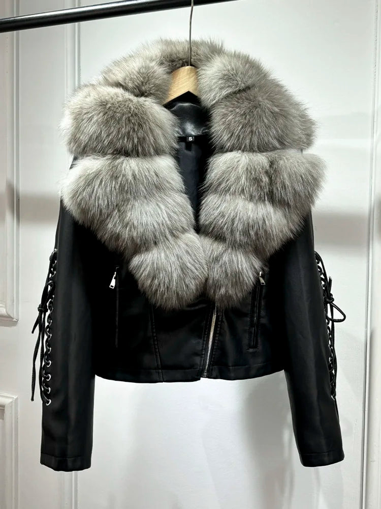 Luxury fox fur 2024 Autumn Winter Lady COMFY & COZY leather zipper coat.