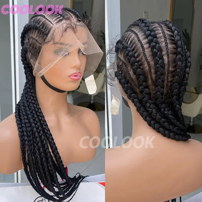 36" Synthetic Lace Front Wigs Jumbo Braided Wigs Full Lace Front Dutch Twins Cornrows Braids Wig For Black Women Crochet Hair