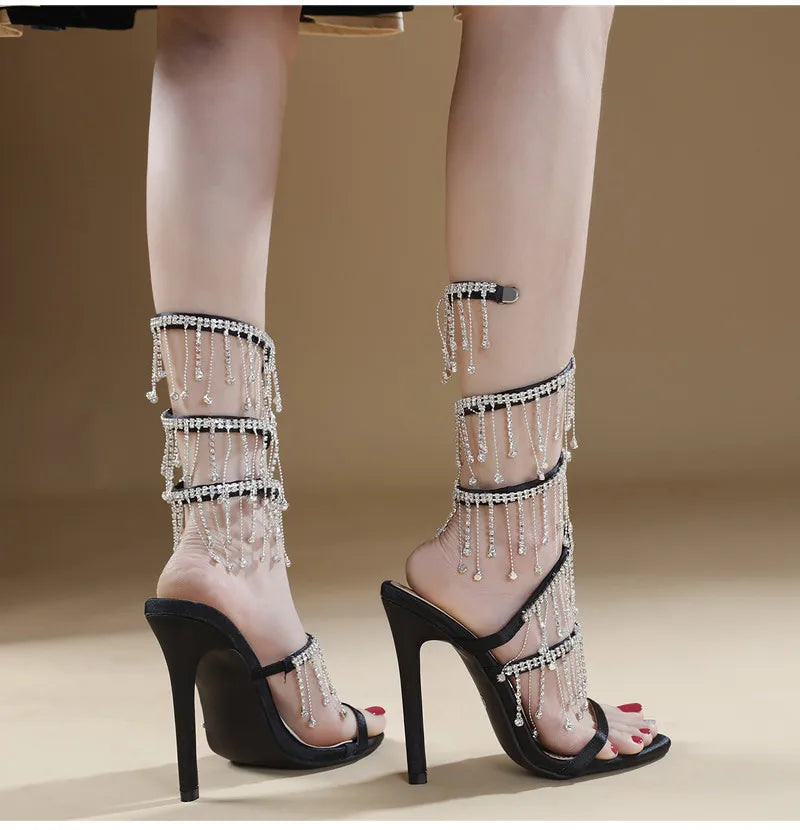 Runway style Bling Bling Crystal Tassels Snake Coiled Women Sandals Sexy Stiletto High heels Summer Fashion Party Prom Shoes