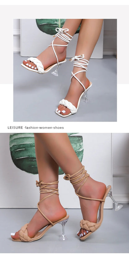 2022 New Summer Fashion Design Weave Women Sandals Transparent Strange Sexy Crystal High Heels Ladies Stilettos Square Toe Shoes