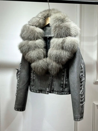 Luxury fox fur 2024 Autumn Winter Lady COMFY & COZY leather zipper coat.