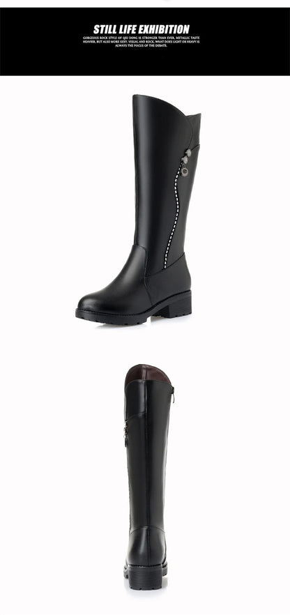 Genuine Leather winter insulated Plus wool fur mid heel zipper women boots.