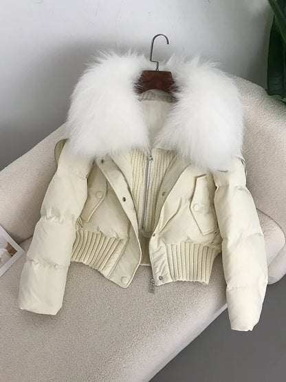 Sexy Natural Real Raccoon Fur Collar warm thick winter women white duck down short luxury coat