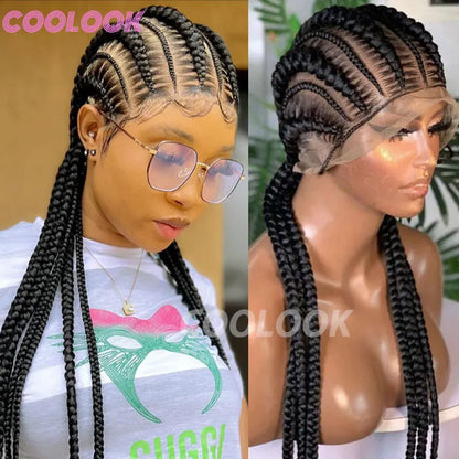 36" Synthetic Lace Front Wigs Jumbo Braided Wigs Full Lace Front Dutch Twins Cornrows Braids Wig For Black Women Crochet Hair