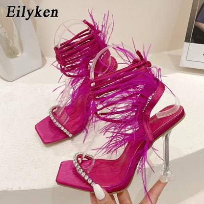 Eilyken CRYSTAL Rhinestone Butterfly-knot Transparent Square Toe Women Sandals 2024 Summer Fashion Cross-tied  High Heels Shoes