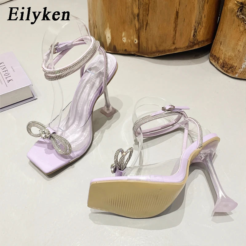 Eilyken CRYSTAL Rhinestone Butterfly-knot Transparent Square Toe Women Sandals 2024 Summer Fashion Cross-tied  High Heels Shoes