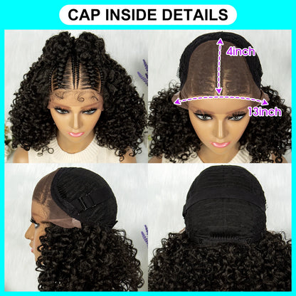 Kima Frontal Cornrow Twisted 16 inches Curly Bob 13*4 Synthetic Lace Front Wig Top Knot Braided Ribbon Bun Braided Wigs