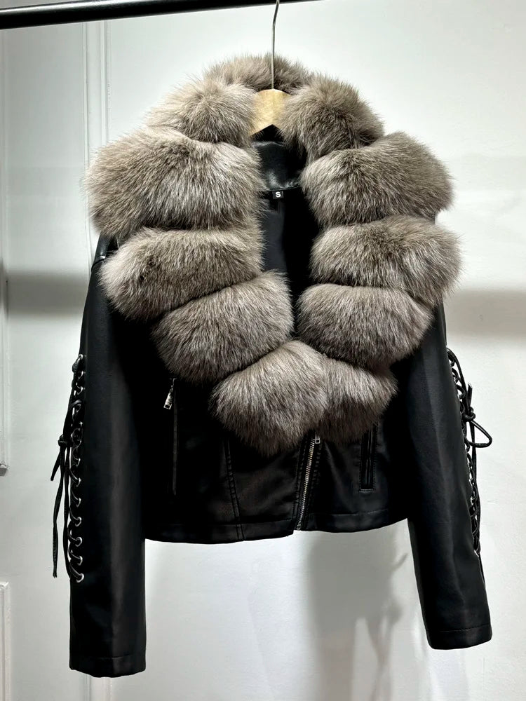 Luxury fox fur 2024 Autumn Winter Lady COMFY & COZY leather zipper coat.