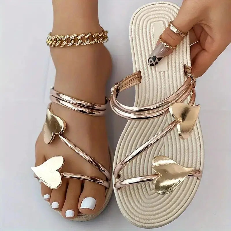 Elegant Women's Heart Flat Sandals Open Toe Woman Slippers Non Slip Shoes Outdoor Beach Slides Women Sandals Summer 2024 Size 43