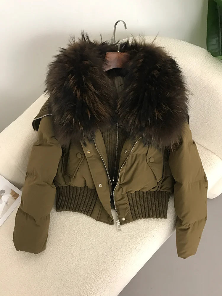 Sexy Natural Real Raccoon Fur Collar warm thick winter women white duck down short luxury coat