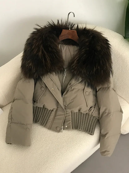 Sexy Natural Real Raccoon Fur Collar warm thick winter women white duck down short luxury coat