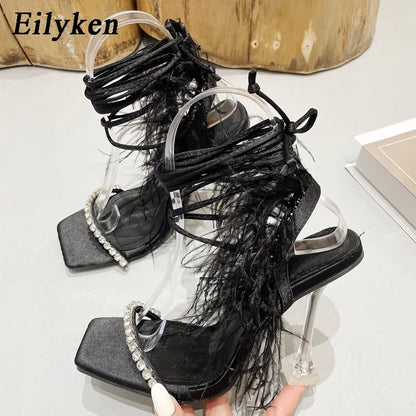 Eilyken CRYSTAL Rhinestone Butterfly-knot Transparent Square Toe Women Sandals 2024 Summer Fashion Cross-tied  High Heels Shoes