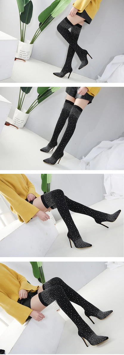 Eilyken Design Crystal Rhinestone Stretch Fabric Sexy High Heels Sock Over-the-Knee Boots Pointed Toe Pole Dancing Women Shoes