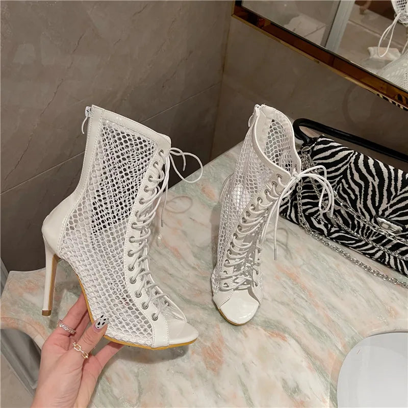 Eilyken Fashion Design Mesh High Heel Women Boots Sandals Sexy Peep Toe T-tied Stripper Pole Dancing Stiletto Shoes