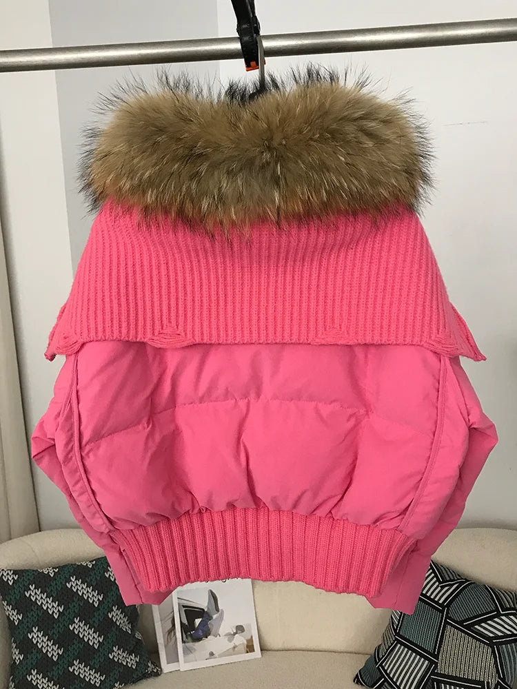 Sexy Natural Real Raccoon Fur Collar warm thick winter women white duck down short luxury coat