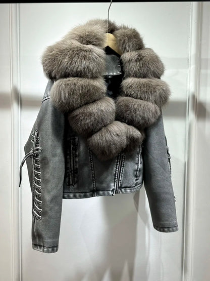 Luxury fox fur 2024 Autumn Winter Lady COMFY & COZY leather zipper coat.