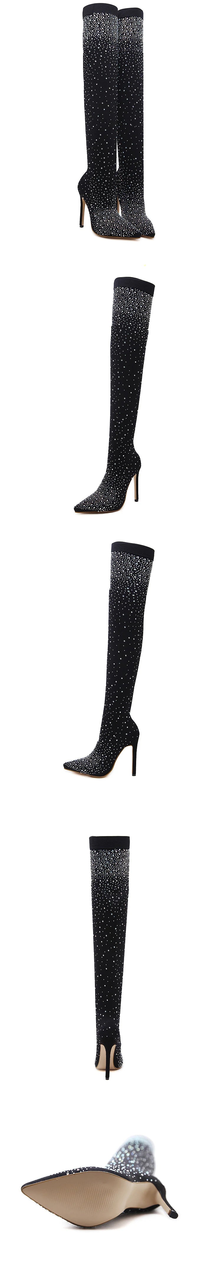 Eilyken Design Crystal Rhinestone Stretch Fabric Sexy High Heels Sock Over-the-Knee Boots Pointed Toe Pole Dancing Women Shoes