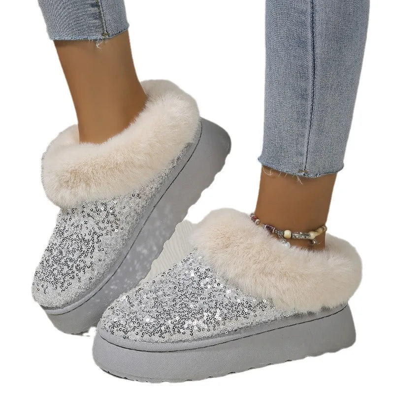 New 2024 Fashion Sequined Cloth Warm Snow Boots Woman Non-Slip Thicken Plush Ankle Booties Faux Fur Winter Boots Women