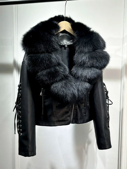 Luxury fox fur 2024 Autumn Winter Lady COMFY & COZY leather zipper coat.