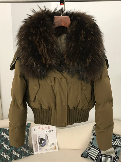 Sexy Natural Real Raccoon Fur Collar warm thick winter women white duck down short luxury coat