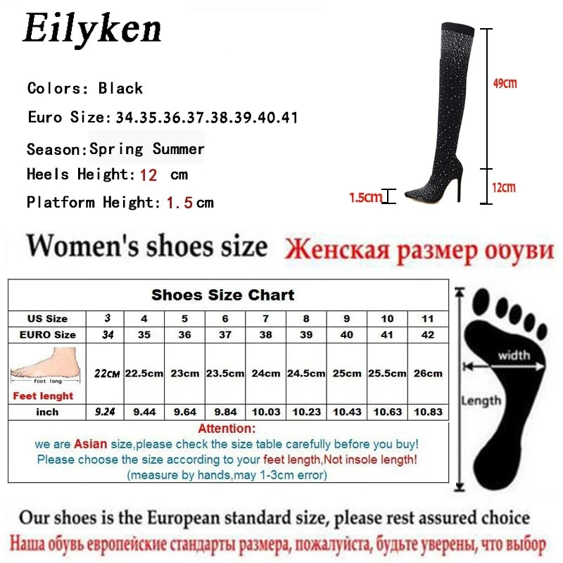 Eilyken Design Crystal Rhinestone Stretch Fabric Sexy High Heels Sock Over-the-Knee Boots Pointed Toe Pole Dancing Women Shoes