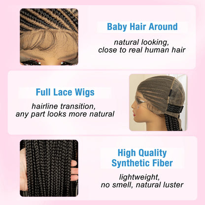 Synthetic Knotless Box Braided Wig Full Lace Cornrow Braids Wig for Black Women with Baby Hair 36 Inches Long Twist Braiding Wig