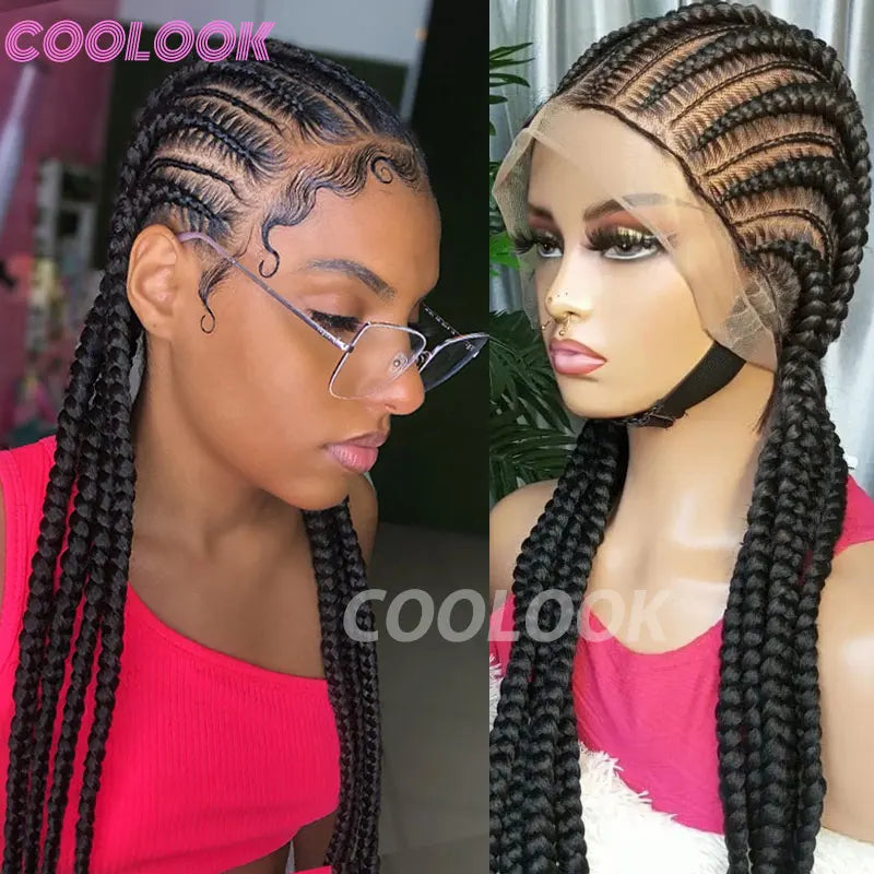 36" Synthetic Lace Front Wigs Jumbo Braided Wigs Full Lace Front Dutch Twins Cornrows Braids Wig For Black Women Crochet Hair