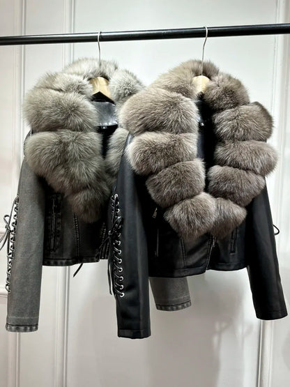 Luxury fox fur 2024 Autumn Winter Lady COMFY & COZY leather zipper coat.