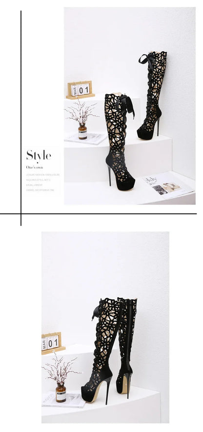 Sexy Flock Hollow 16Cm Thin High Heels Cool Boots Womens Club Party Shoes Summer Peep Toe Knee-high Rear Zipper Modern Sandals