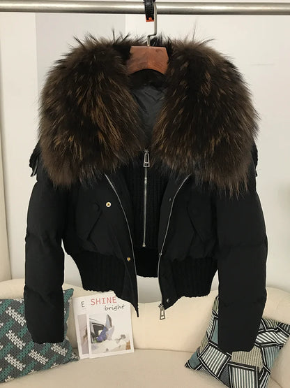 Sexy Natural Real Raccoon Fur Collar warm thick winter women white duck down short luxury coat