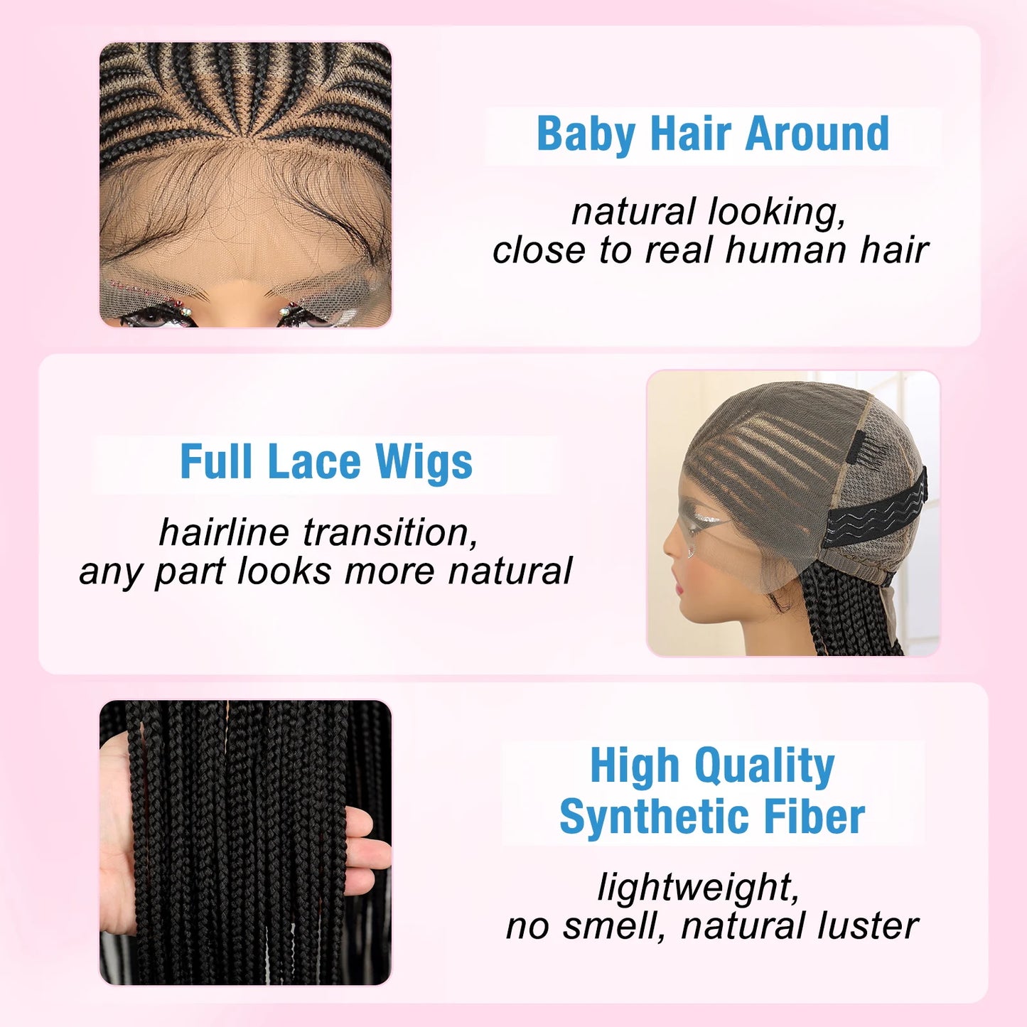 Synthetic Full Lace Cornrow Braided Wigs with Baby Hair 36 Inches Knotless Box braids